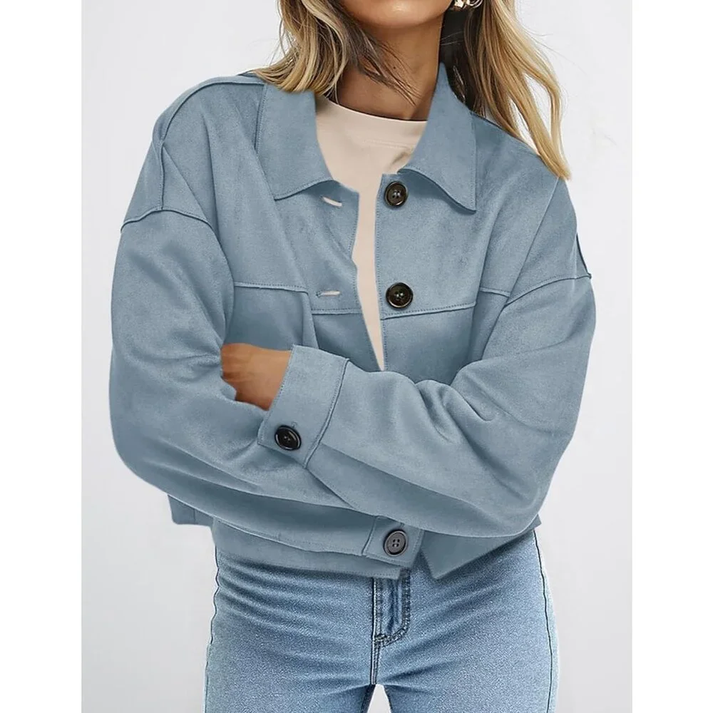 Women's Light Blue Faux Suede Cropped Jacket Casual Lightweight Fall Fashion - Picture 3 of 5